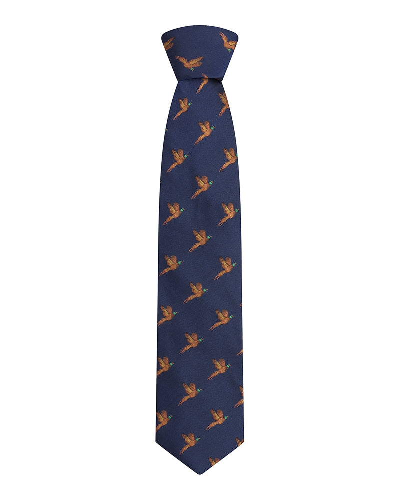Hoggs Of Fife 100% Silk Woven Tie Pheasants Boxed Navy