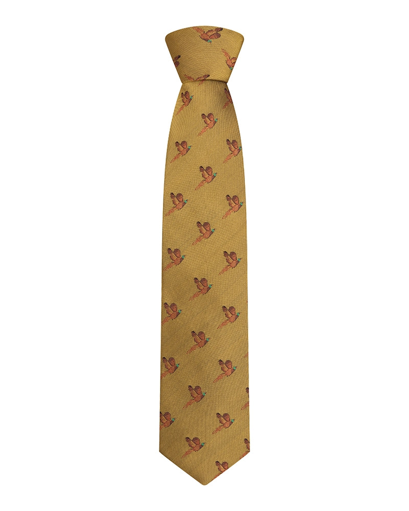 Hoggs Of Fife 100% Silk Woven Tie Pheasants Boxed Gold