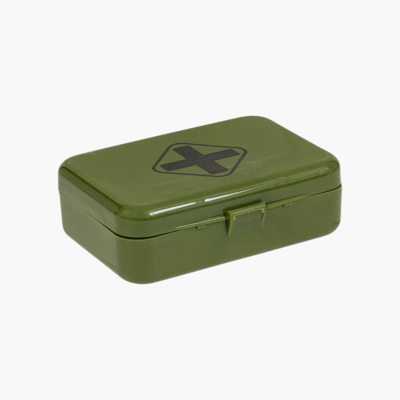 highlander forces cadet first aid kit closed plastic olive geen box with black first aid symbol