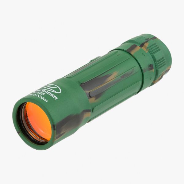 highlander forces dales monocular. green rubber cased cylindrical monocular with camo design and orange lens