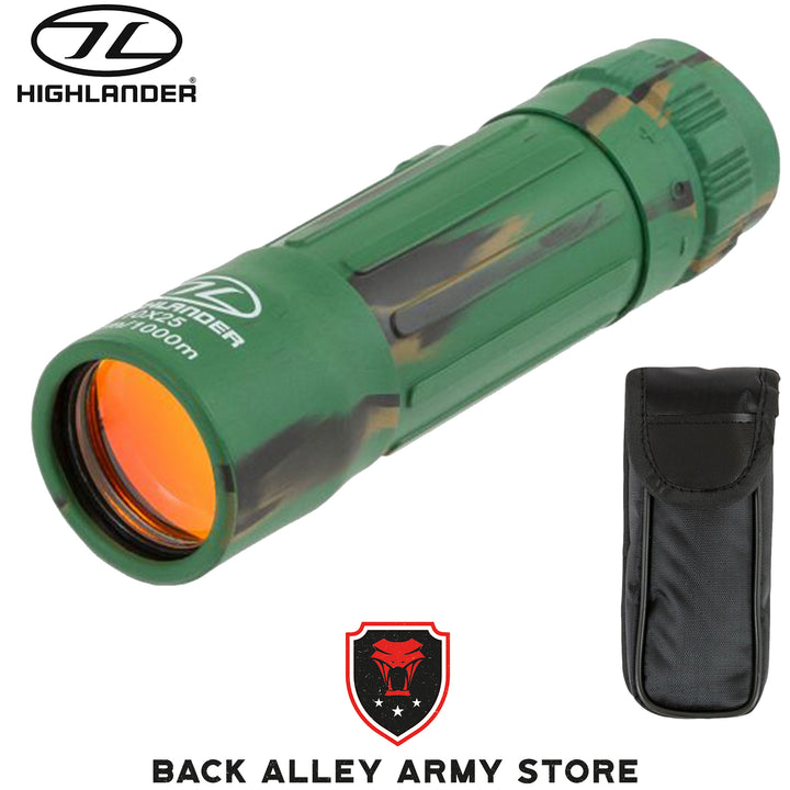 highlander forces dales monocular. green rubber cased cylindrical monocular with camo design and black nylon case