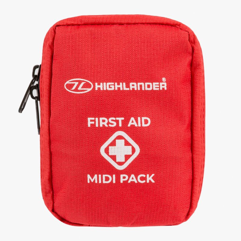 red first aid pack with white writing on front on closed pouch. 
