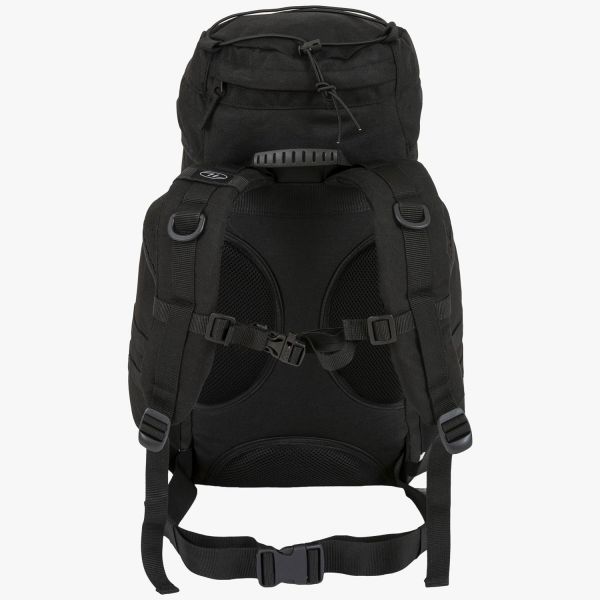 highlander forces 25 litre rucksack black airflow mesh back system padded shoulder straps carry handle sternum strap and waist strap