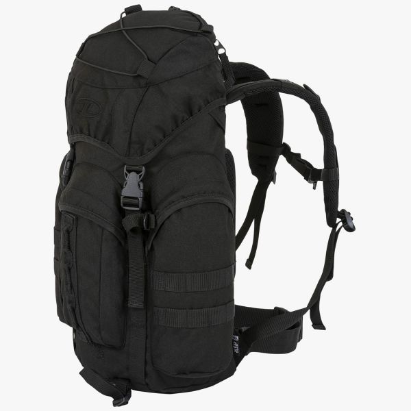 highlander forces 25 litre rucksack black all front with 2 side pockets and one front. ice axe loop on front and molle straps on side. side shot showing straps and shock cord on top