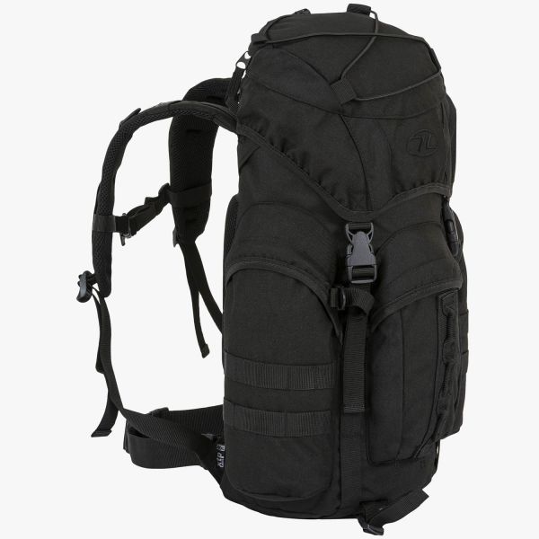 highlander forces 25 litre rucksack black all front with 2 side pockets and one front. ice axe loop on front and molle straps on side. side shot showing straps and shock cord on top
