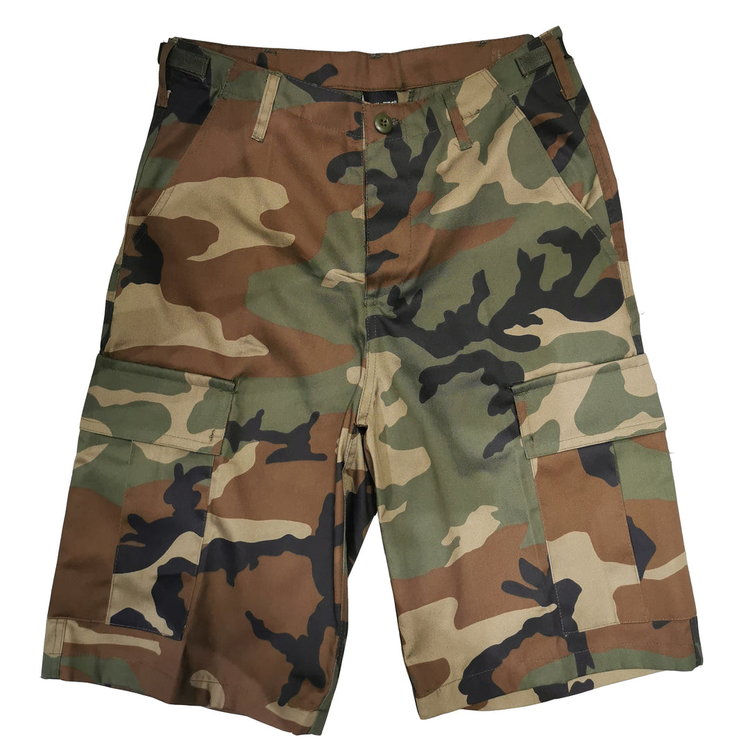 Mil-Tec Brand U.S. Army style prewashed woodland camo lightweight ripstop shorts