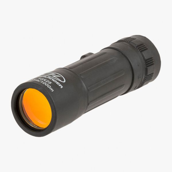 highlander northumberland monocular black with textures grip orange lens and white printed text on casing