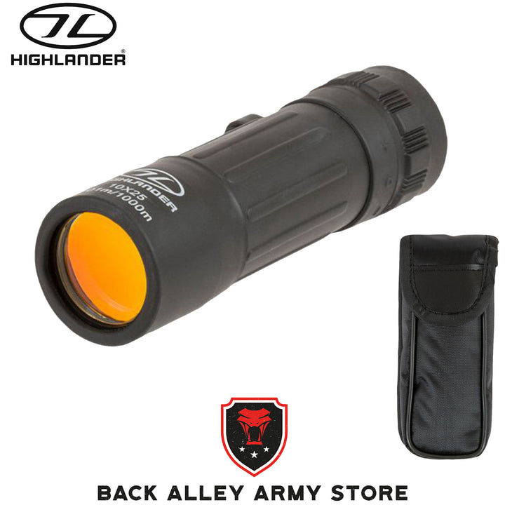 highlander northumberland monocular black with textures grip orange lens and white printed text on casing and black nylon case