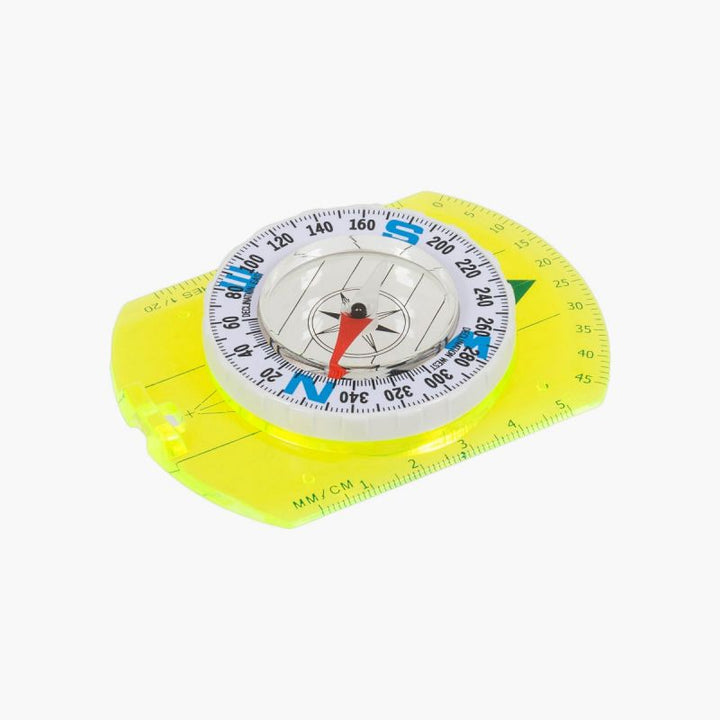 highlander orienteering compass. circular needle housing on fluoro base with red needle and blue NSEW lettering
