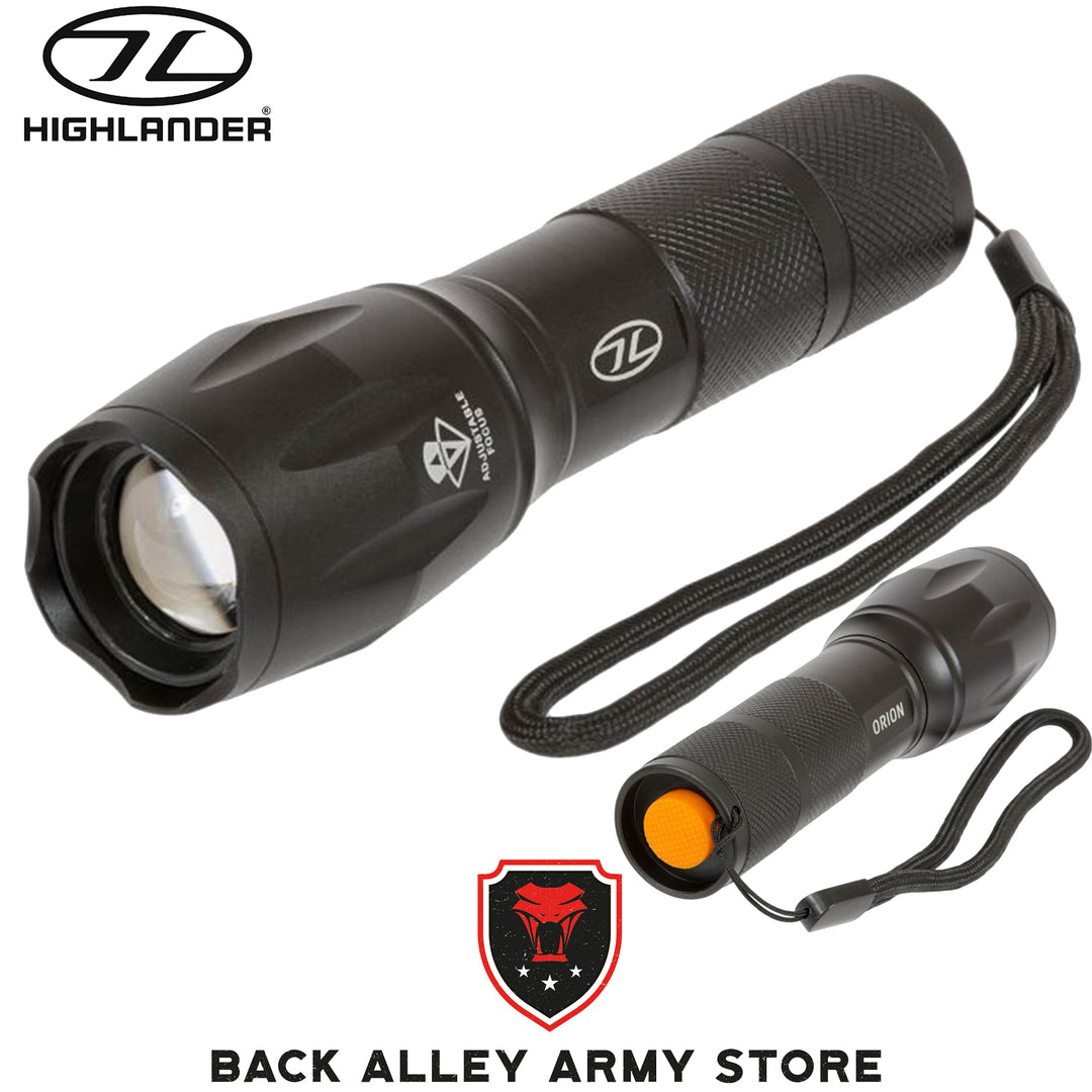 front and rear of orion torch. black aluminium case with white highlander logo and wrist strap. contoured lens case to change zoom. rear orange button