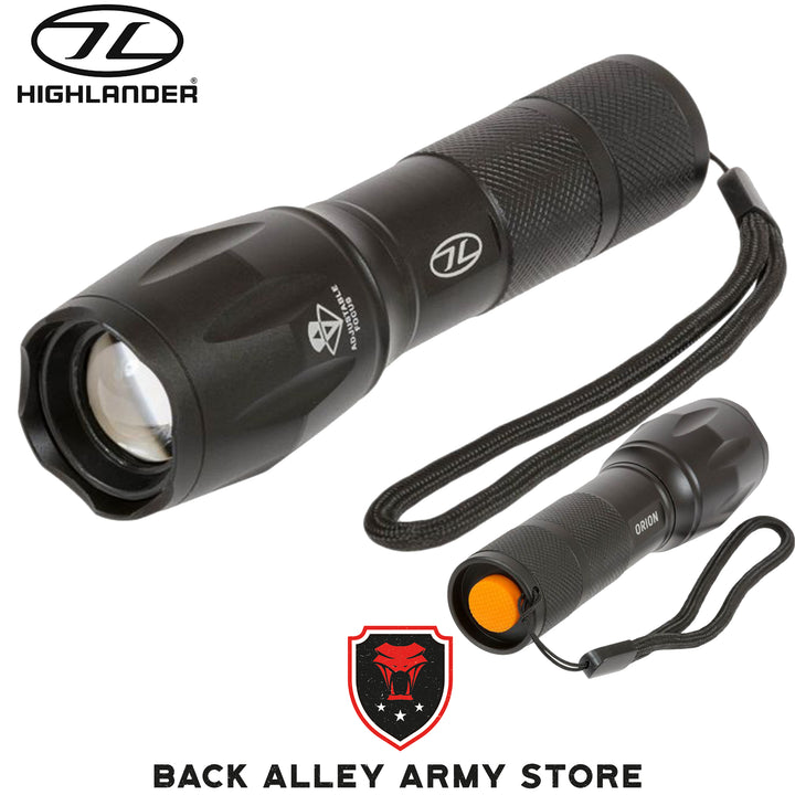 front and rear of orion torch. black aluminium case with white highlander logo and wrist strap. contoured lens case to change zoom. rear orange button