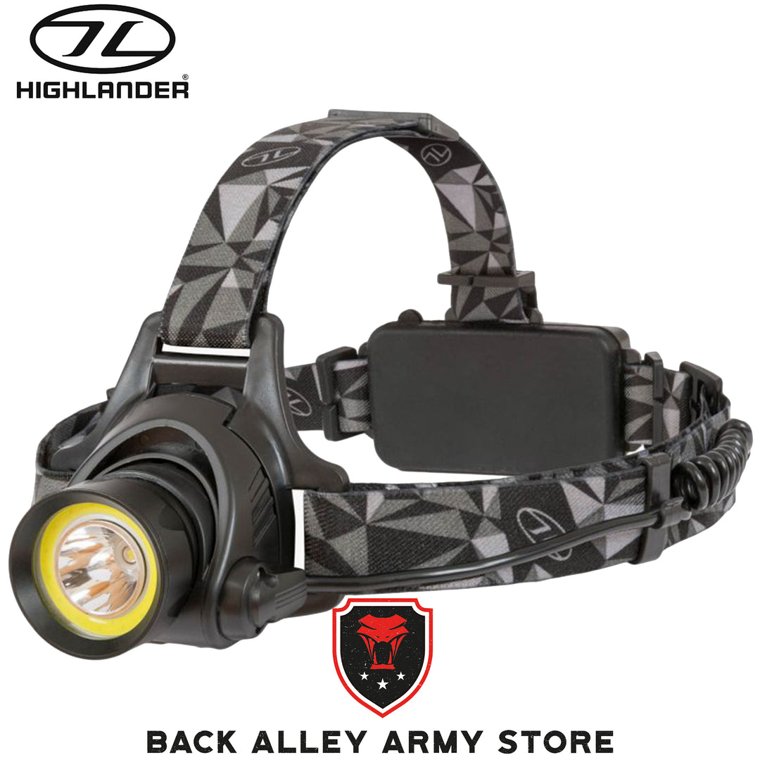 highlander polaris headlamp.over head central support strap and battery pack on rear. adjustable lamp on front
