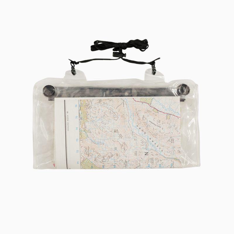 highlander roamer map case with pvc transparent window and display map inside. black velcro dots on each corner for fastening and black adjustable neck lanyard on top