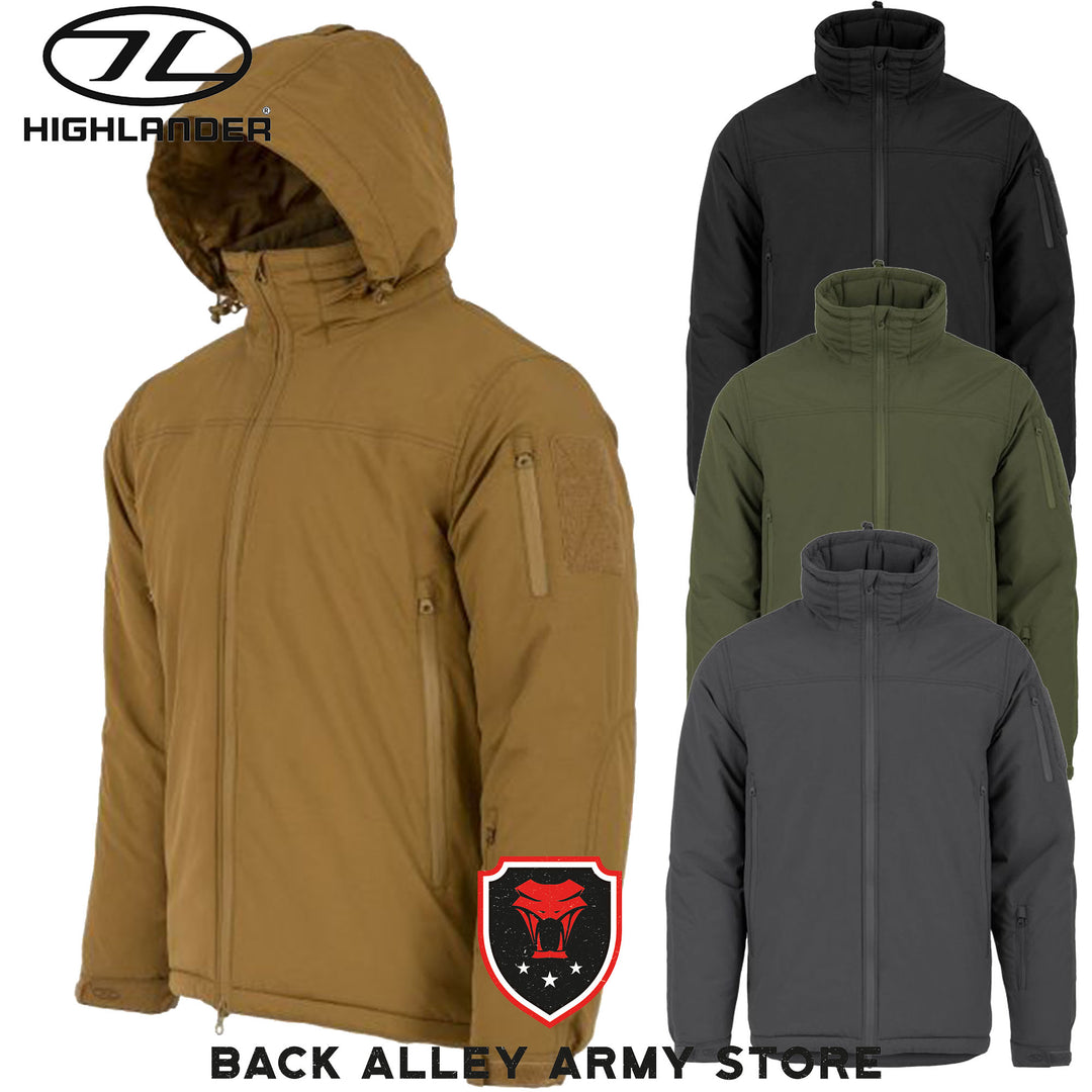 highlander stryker winter jacket tan with hood up side arm pocket zip. grey olive and black front shop full length zip side arm pocket high collar internal hood