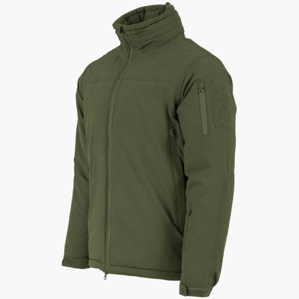 olive green drab highlander stryker winter jacket side angle side arm pocket with zip full length front zip to waist adjustable cuff high collar concealed hood velcro id patch on sleeve