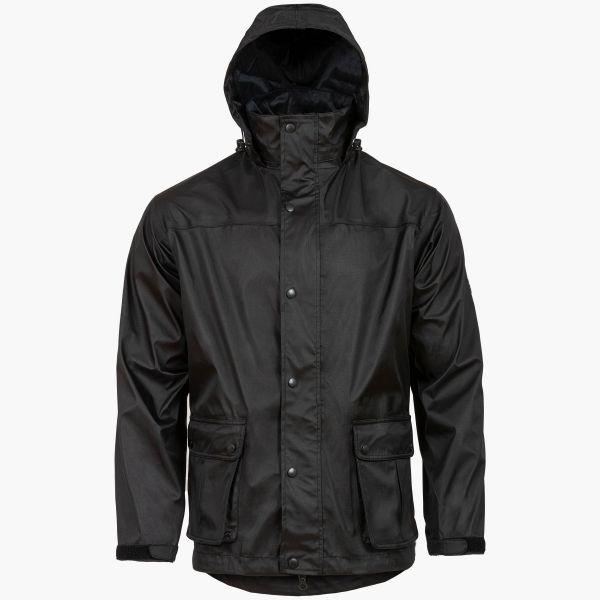 black jacket ab-tex gore-tex. front studs and high collar. 2 side pockets and hood up
