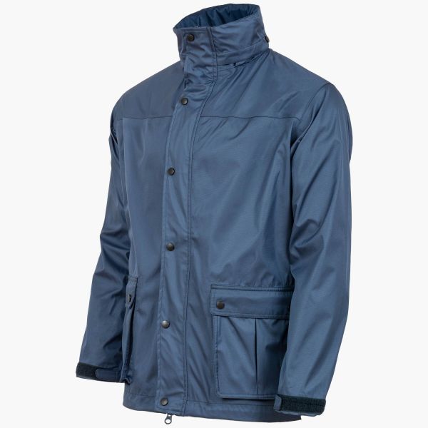 navy blue jacket ab-tex gore-tex. front studs and high collar. 2 side pockets and hood down in collar
