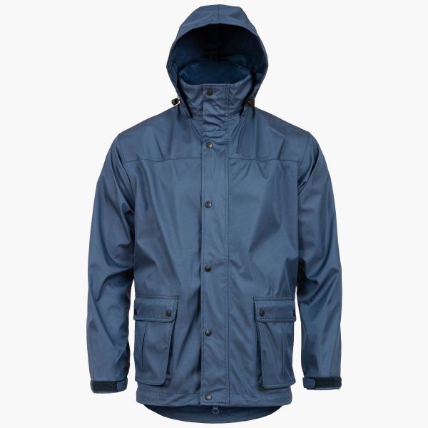 navy blue jacket ab-tex gore-tex. front studs and high collar. 2 side pockets and hood up