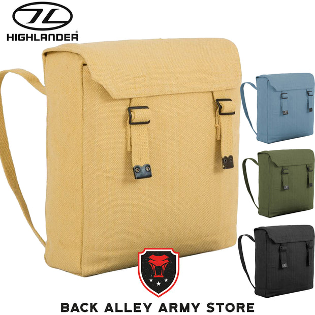 4 colours of canvas web backpack with 2 vertical front strap fastening in beige raf blue olive green black