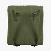 olive green web backpack 2 rear shoulder straps threaded through black buckle