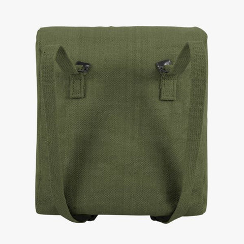 olive green web backpack 2 rear shoulder straps threaded through black buckle