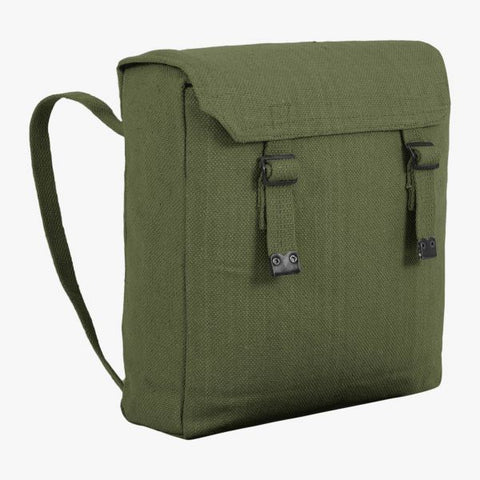 olive green web backpack rear  shoulder strap and 2 front fastening vertical straps through black buckle. Lid covers top
