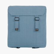 raf blue web backpack rear shoulder strap and 2 front fastening vertical straps through black buckle. Lid covers top