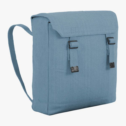 raf blue web backpack rear shoulder strap and 2 front fastening vertical straps through black buckle. Lid covers top